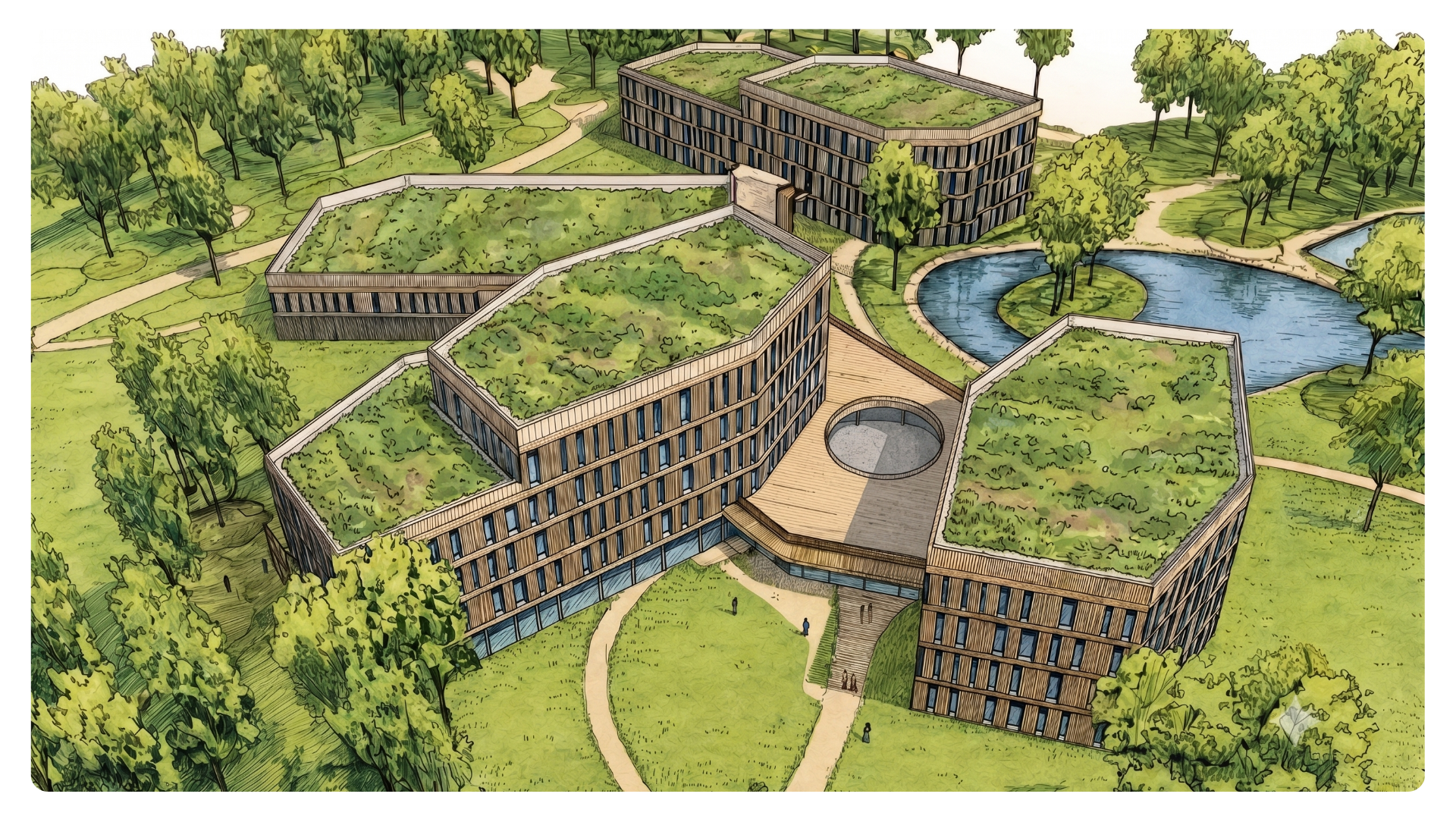 Bovenaanzicht vier gebouwen kleur